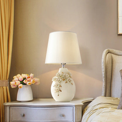 Contemporary Nordic Ceramic Fabric Floral Column 1-Light Table Lamp For Bedroom And Living Room