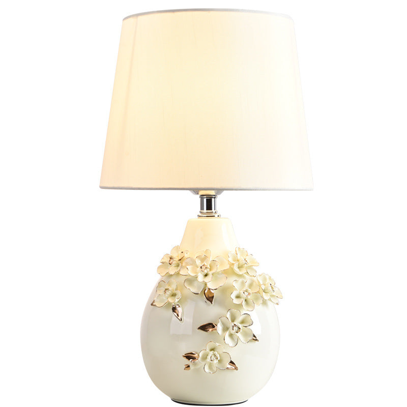 Contemporary Nordic Ceramic Fabric Floral Column 1-Light Table Lamp For Bedroom And Living Room