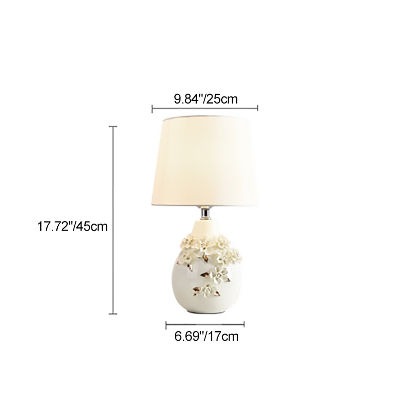 Contemporary Nordic Ceramic Fabric Floral Column 1-Light Table Lamp For Bedroom And Living Room