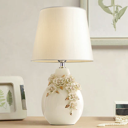 Contemporary Nordic Ceramic Fabric Floral Column 1-Light Table Lamp For Bedroom And Living Room