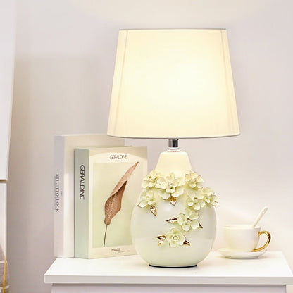 Contemporary Nordic Ceramic Fabric Floral Column 1-Light Table Lamp For Bedroom And Living Room