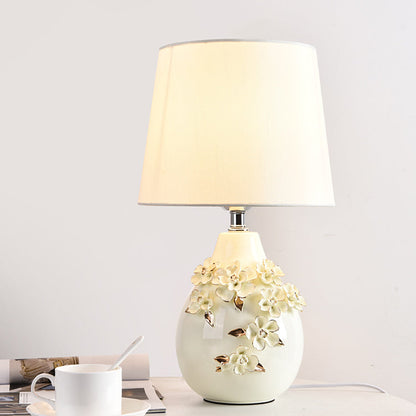 Contemporary Nordic Ceramic Fabric Floral Column 1-Light Table Lamp For Bedroom And Living Room