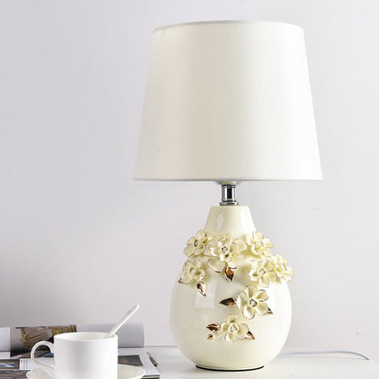 Contemporary Nordic Ceramic Fabric Floral Column 1-Light Table Lamp For Bedroom And Living Room