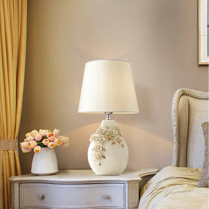 Contemporary Nordic Ceramic Fabric Floral Column 1-Light Table Lamp For Bedroom And Living Room