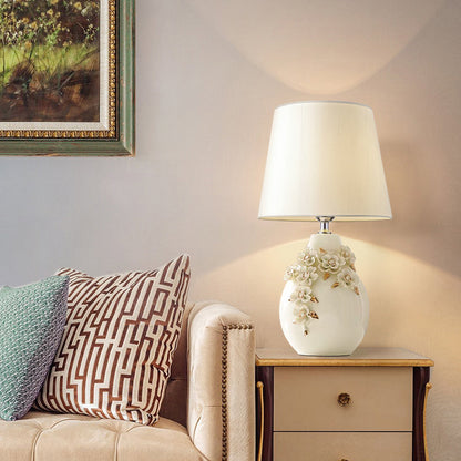 Contemporary Nordic Ceramic Fabric Floral Column 1-Light Table Lamp For Bedroom And Living Room