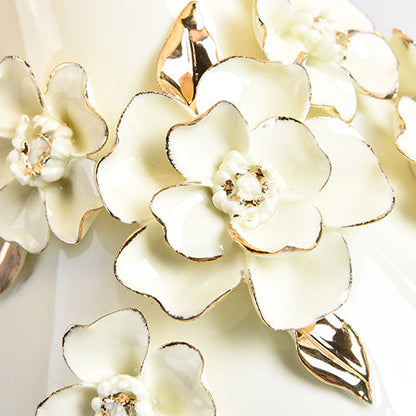 Contemporary Nordic Ceramic Fabric Floral Column 1-Light Table Lamp For Bedroom And Living Room