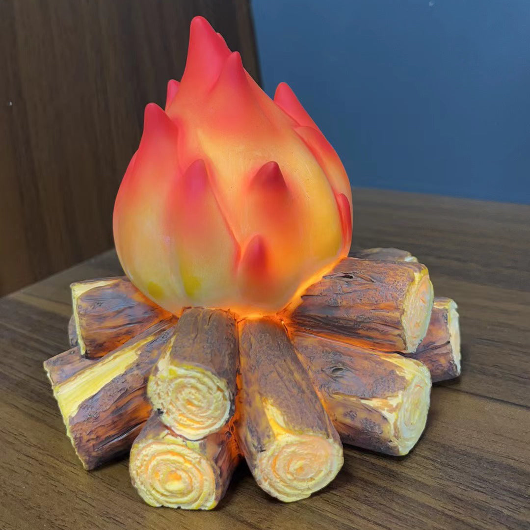 Modern Art Deco Battery Resin Simulated Firewood Flame LED Table Lamp Night Light For Bedroom