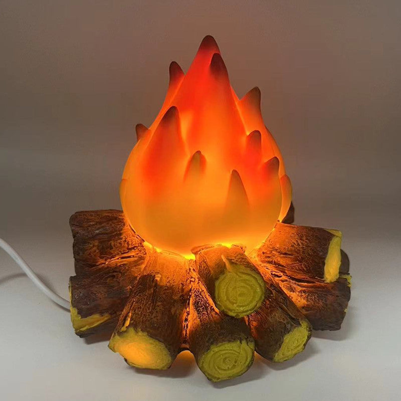 Modern Art Deco Battery Resin Simulated Firewood Flame LED Table Lamp Night Light For Bedroom