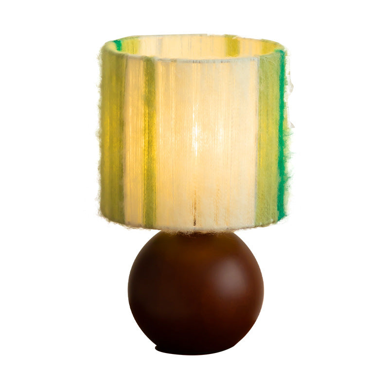 Traditional French Oak And Mohair Weaving Round Sphere Cylinder 1-Light Table Lamp For Bedroom
