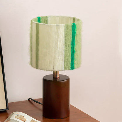 Traditional French Oak And Mohair Weaving Round Sphere Cylinder 1-Light Table Lamp For Bedroom