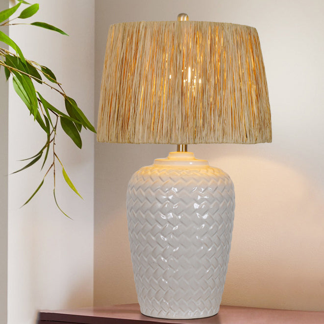 Traditional Rustic Ceramic & Raffia Grid Pattern Jar-Shaped 1-Light Table Lamp For Bedroom & Living Room