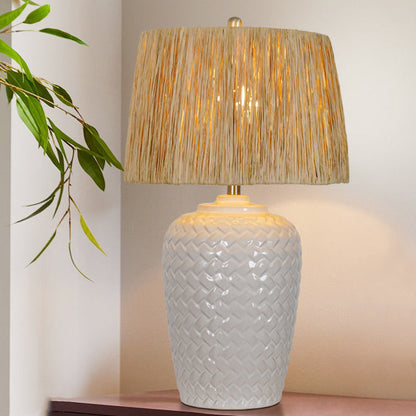 Traditional Rustic Ceramic & Raffia Grid Pattern Jar-Shaped 1-Light Table Lamp For Bedroom & Living Room