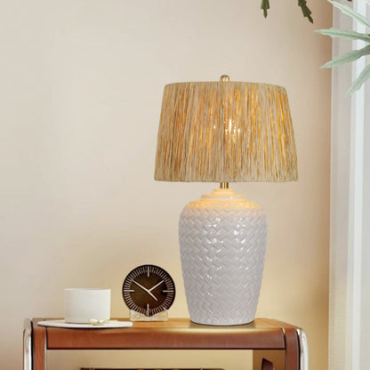 Traditional Rustic Ceramic & Raffia Grid Pattern Jar-Shaped 1-Light Table Lamp For Bedroom & Living Room