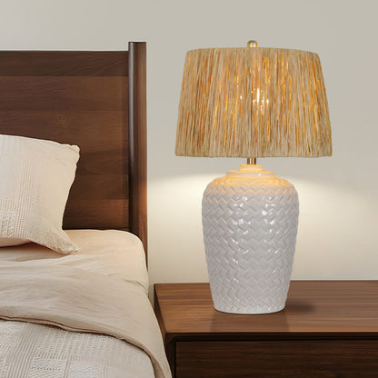 Traditional Rustic Ceramic & Raffia Grid Pattern Jar-Shaped 1-Light Table Lamp For Bedroom & Living Room