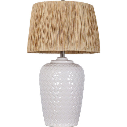 Traditional Rustic Ceramic & Raffia Grid Pattern Jar-Shaped 1-Light Table Lamp For Bedroom & Living Room