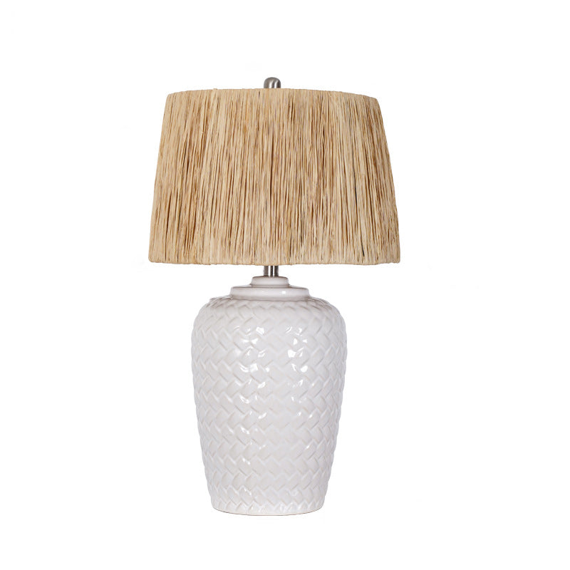 Traditional Rustic Ceramic & Raffia Grid Pattern Jar-Shaped 1-Light Table Lamp For Bedroom & Living Room