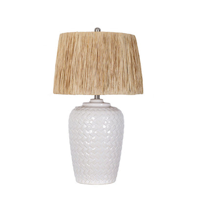 Traditional Rustic Ceramic & Raffia Grid Pattern Jar-Shaped 1-Light Table Lamp For Bedroom & Living Room