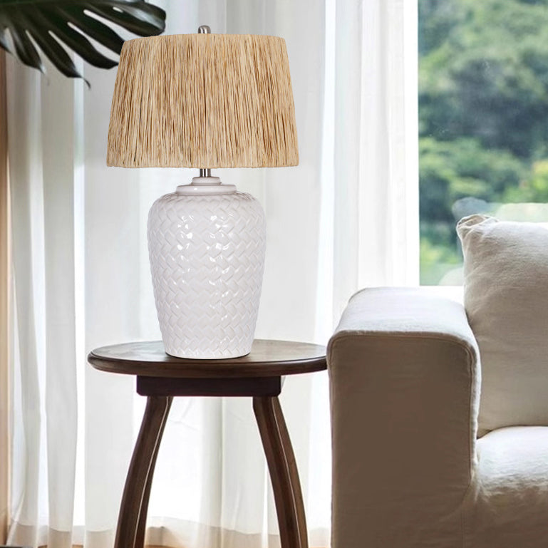 Traditional Rustic Ceramic & Raffia Grid Pattern Jar-Shaped 1-Light Table Lamp For Bedroom & Living Room