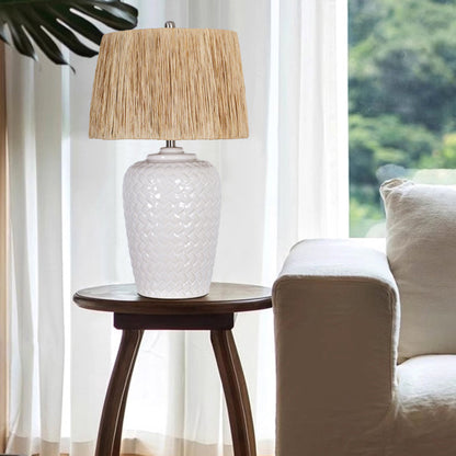 Traditional Rustic Ceramic & Raffia Grid Pattern Jar-Shaped 1-Light Table Lamp For Bedroom & Living Room