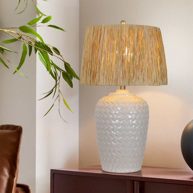 Traditional Rustic Ceramic & Raffia Grid Pattern Jar-Shaped 1-Light Table Lamp For Bedroom & Living Room