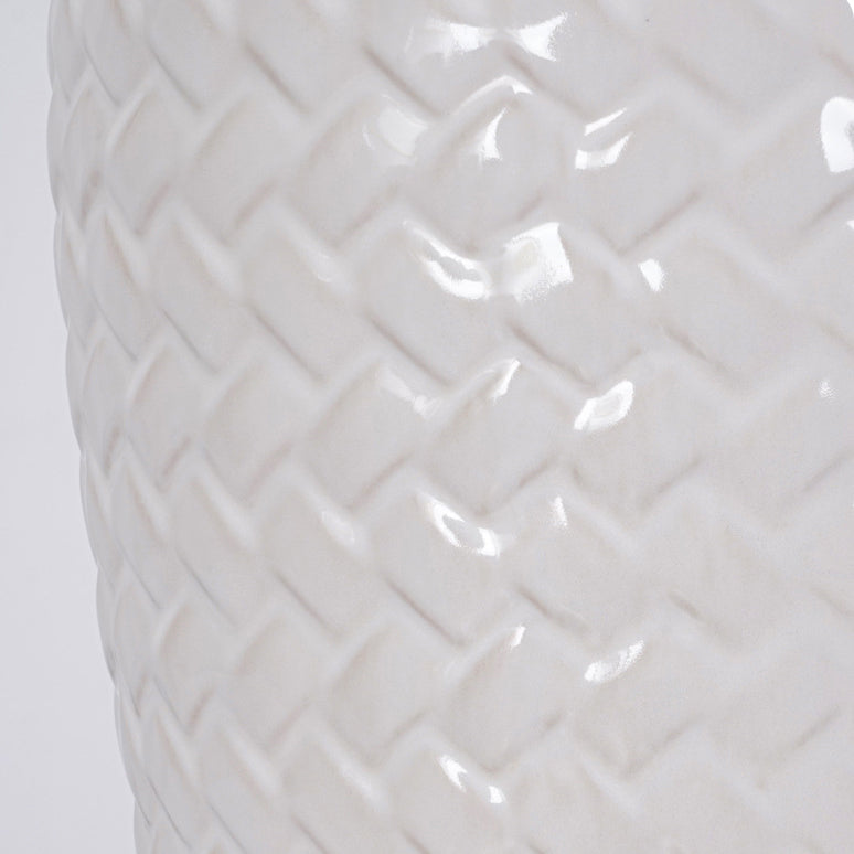 Traditional Rustic Ceramic & Raffia Grid Pattern Jar-Shaped 1-Light Table Lamp For Bedroom & Living Room