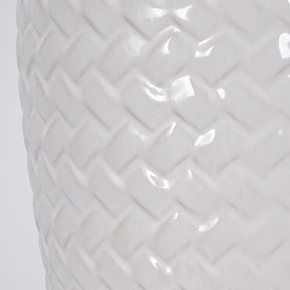 Traditional Rustic Ceramic & Raffia Grid Pattern Jar-Shaped 1-Light Table Lamp For Bedroom & Living Room