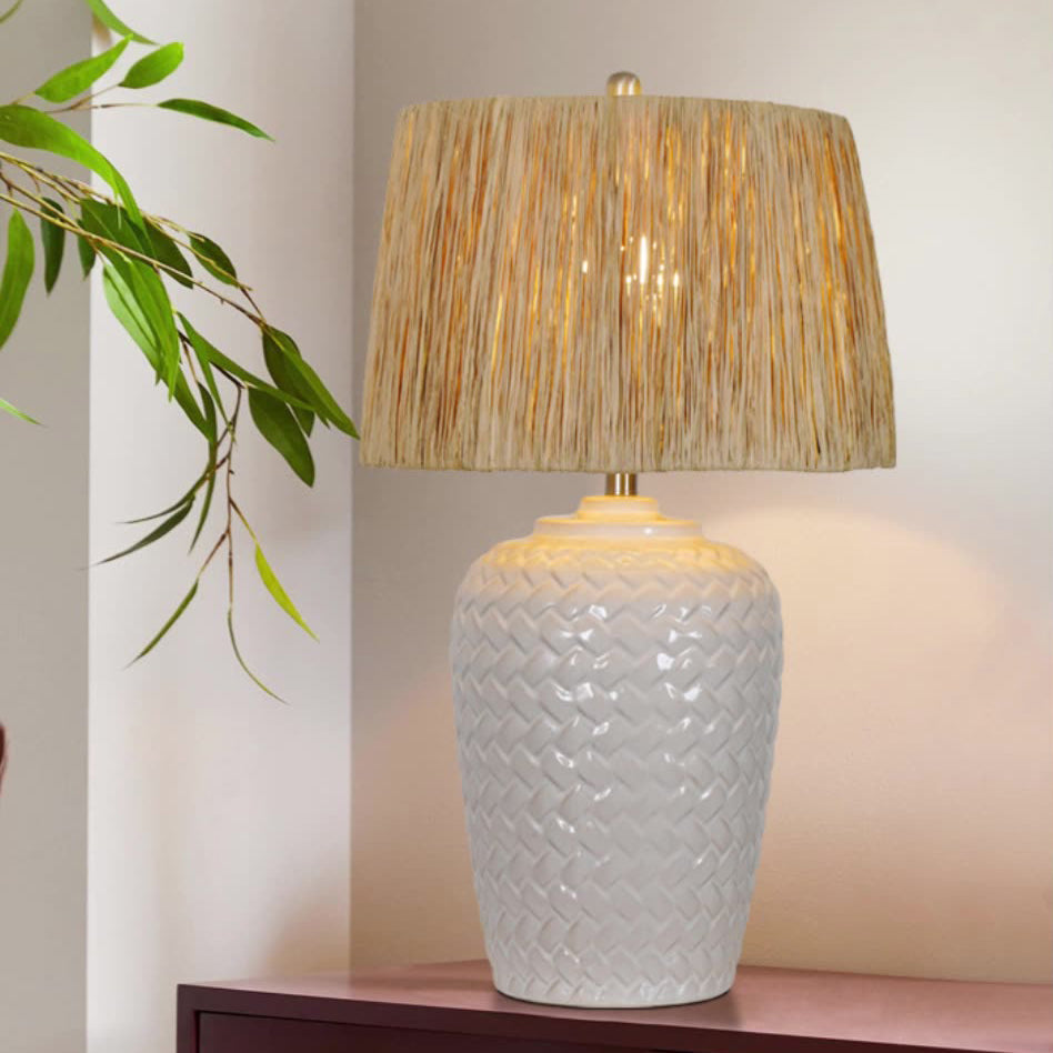 Traditional Rustic Ceramic & Raffia Grid Pattern Jar-Shaped 1-Light Table Lamp For Bedroom & Living Room
