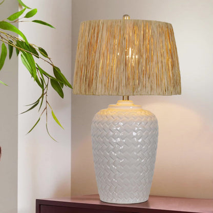 Traditional Rustic Ceramic & Raffia Grid Pattern Jar-Shaped 1-Light Table Lamp For Bedroom & Living Room