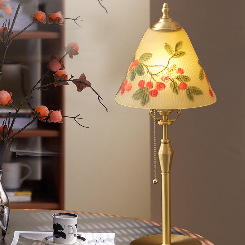 Traditional Chinese Brass & Glass Painted Cherry Cone 1-Light Table Lamp For Bedroom