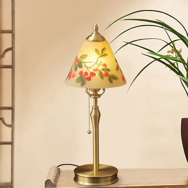 Traditional Chinese Brass & Glass Painted Cherry Cone 1-Light Table Lamp For Bedroom