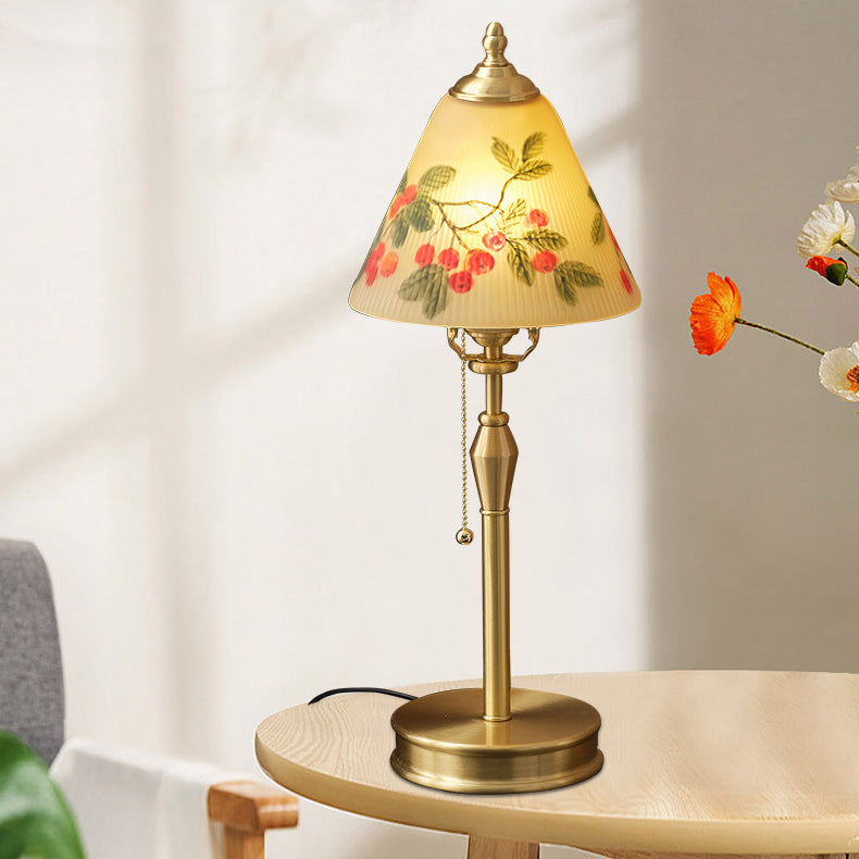 Traditional Chinese Brass & Glass Painted Cherry Cone 1-Light Table Lamp For Bedroom