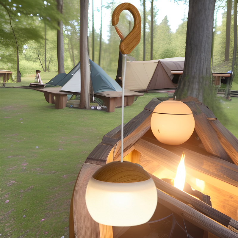 Contemporary Nordic Rechargeable Waterproof ABS & TPR Woodgrain Semi-Circular Lantern-Style LED Camping Outdoor Light For Outdoor Patio