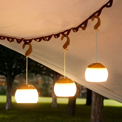 Contemporary Nordic Rechargeable Waterproof ABS & TPR Woodgrain Semi-Circular Lantern-Style LED Camping Outdoor Light For Outdoor Patio