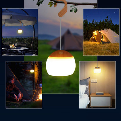 Contemporary Nordic Rechargeable Waterproof ABS & TPR Woodgrain Semi-Circular Lantern-Style LED Camping Outdoor Light For Outdoor Patio