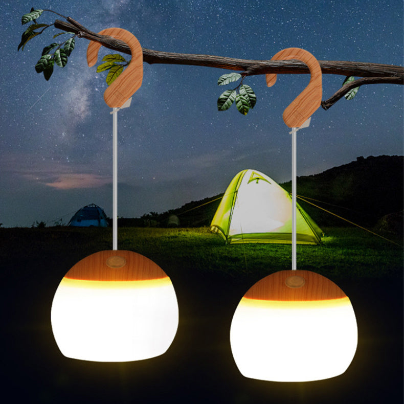Contemporary Nordic Rechargeable Waterproof ABS & TPR Woodgrain Semi-Circular Lantern-Style LED Camping Outdoor Light For Outdoor Patio
