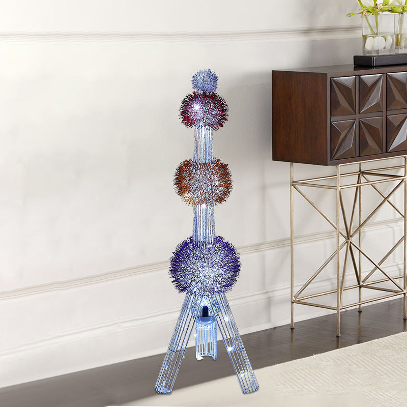 Contemporary Creative Weaving Aluminum Wire Tower & Floral Ball LED Standing Floor Lamp For Bedroom & Living Room