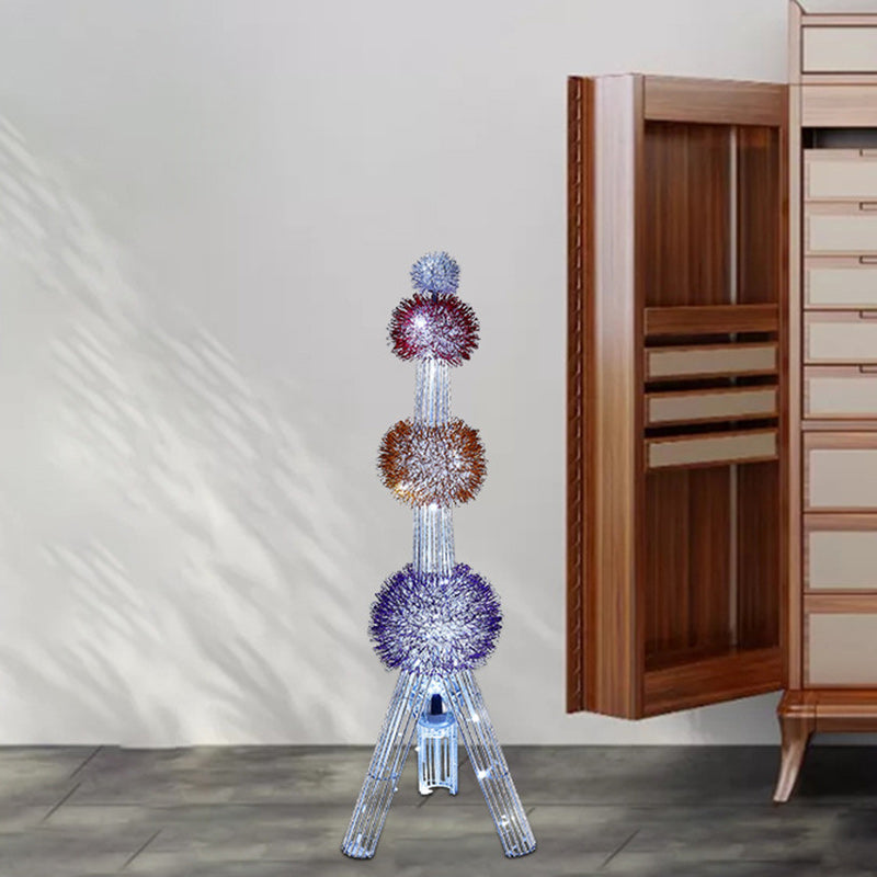 Contemporary Creative Weaving Aluminum Wire Tower & Floral Ball LED Standing Floor Lamp For Bedroom & Living Room