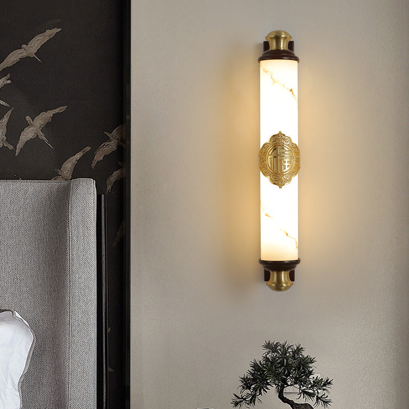 Traditional Chinese Brass Wujin Wood & Imitation Marble Bar-Shaped LED Wall Sconce Lamp For Bedroom & Living Room