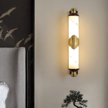 Traditional Chinese Brass Wujin Wood & Imitation Marble Bar-Shaped LED Wall Sconce Lamp For Bedroom & Living Room