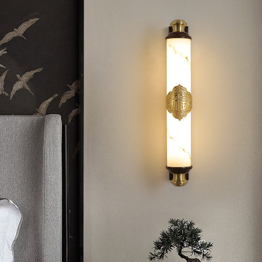 Traditional Chinese Brass Wujin Wood & Imitation Marble Bar-Shaped LED Wall Sconce Lamp For Bedroom & Living Room