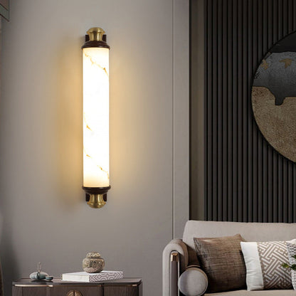 Traditional Chinese Brass Wujin Wood & Imitation Marble Bar-Shaped LED Wall Sconce Lamp For Bedroom & Living Room