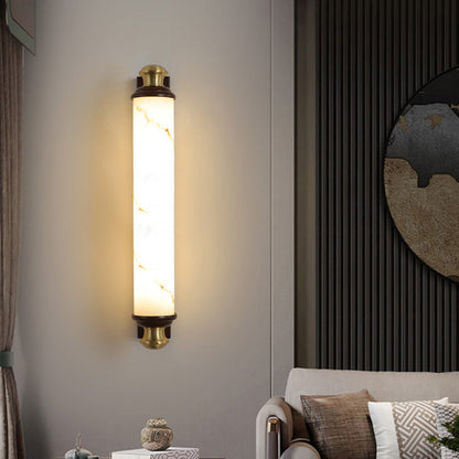 Traditional Chinese Brass Wujin Wood & Imitation Marble Bar-Shaped LED Wall Sconce Lamp For Bedroom & Living Room