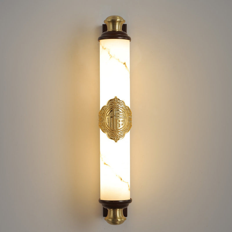 Traditional Chinese Brass Wujin Wood & Imitation Marble Bar-Shaped LED Wall Sconce Lamp For Bedroom & Living Room