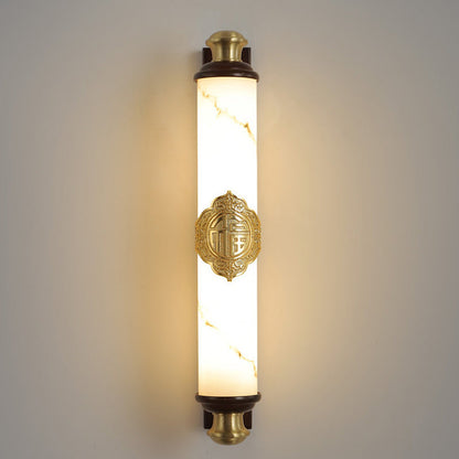 Traditional Chinese Brass Wujin Wood & Imitation Marble Bar-Shaped LED Wall Sconce Lamp For Bedroom & Living Room