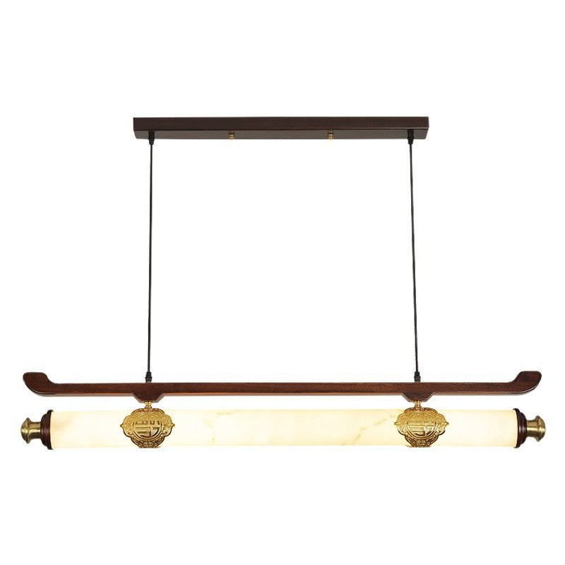 Traditional Chinese Brass Wujin Wood & Imitation Marble Bar-Shaped LED Chandelier Island Light For Dining Room