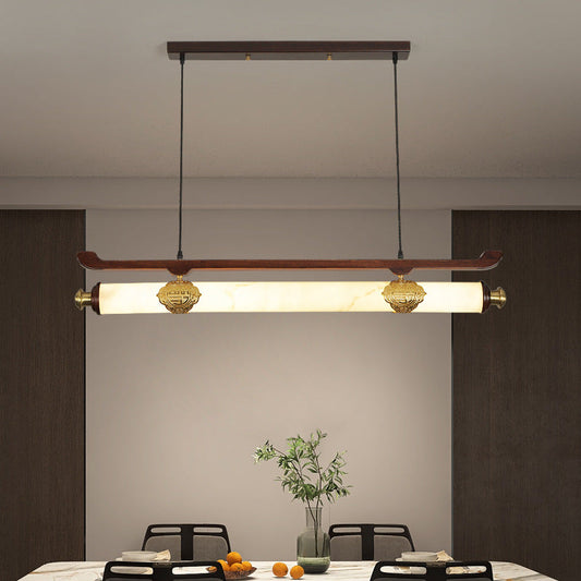 Traditional Chinese Brass Wujin Wood & Imitation Marble Bar-Shaped LED Chandelier Island Light For Dining Room