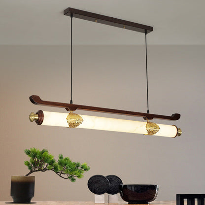 Traditional Chinese Brass Wujin Wood & Imitation Marble Bar-Shaped LED Chandelier Island Light For Dining Room