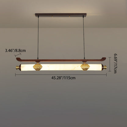 Traditional Chinese Brass Wujin Wood & Imitation Marble Bar-Shaped LED Chandelier Island Light For Dining Room