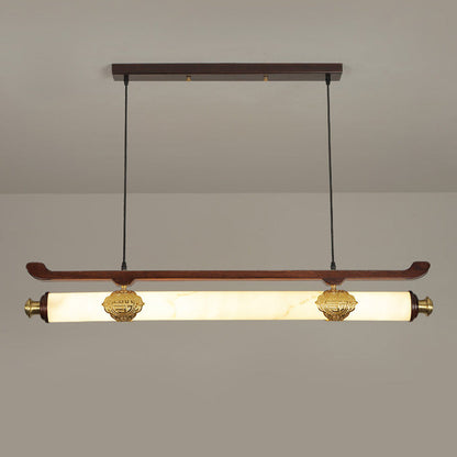 Traditional Chinese Brass Wujin Wood & Imitation Marble Bar-Shaped LED Chandelier Island Light For Dining Room