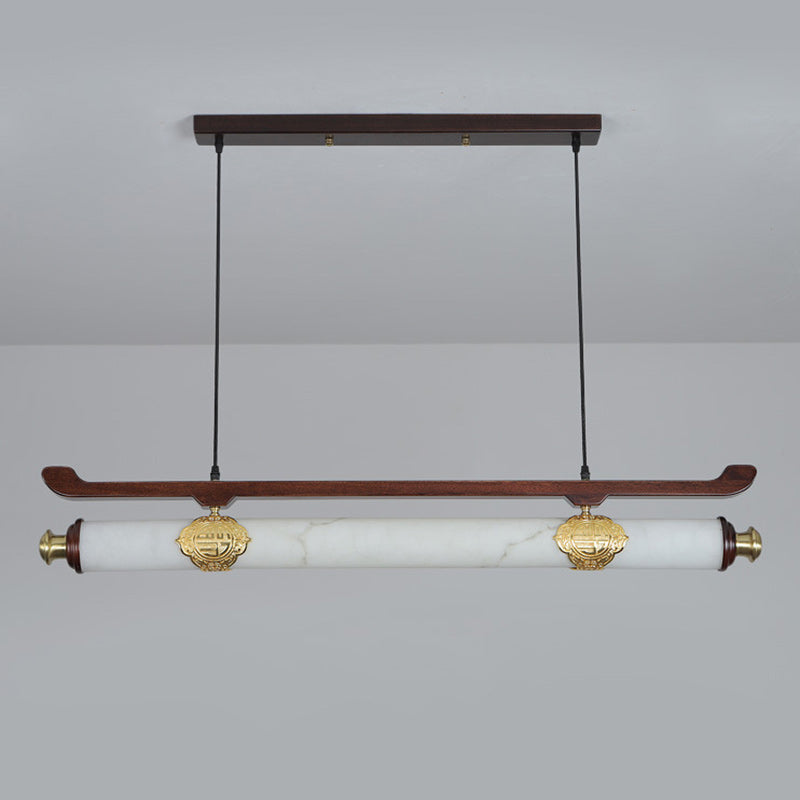 Traditional Chinese Brass Wujin Wood & Imitation Marble Bar-Shaped LED Chandelier Island Light For Dining Room